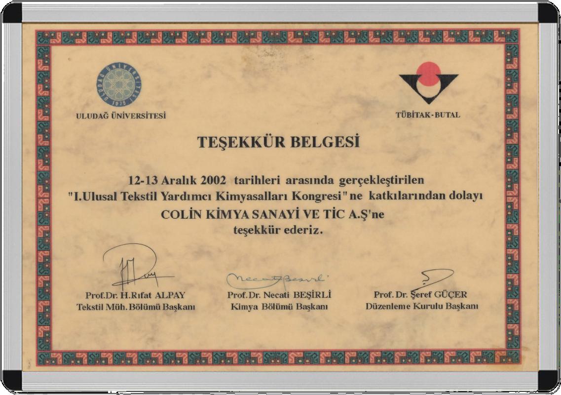 I. Ulusal Tekstil Yardımcı Kimyasalları Kongresi'2002 - Tübitak - Teşekkür Belgesi